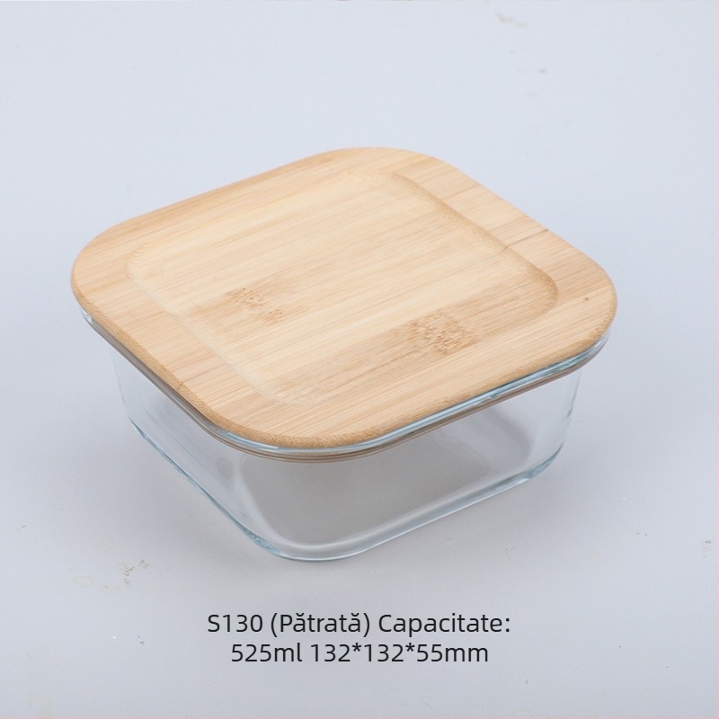 Cutie de prânz din sticlă cu capac din lemn de bambus, en-gros, cutie pentru păstrarea prospețimii, sticlă rezistentă la căldură, cutie de prânz japoneză cu borosilicat ridicat, cuptor cu microunde