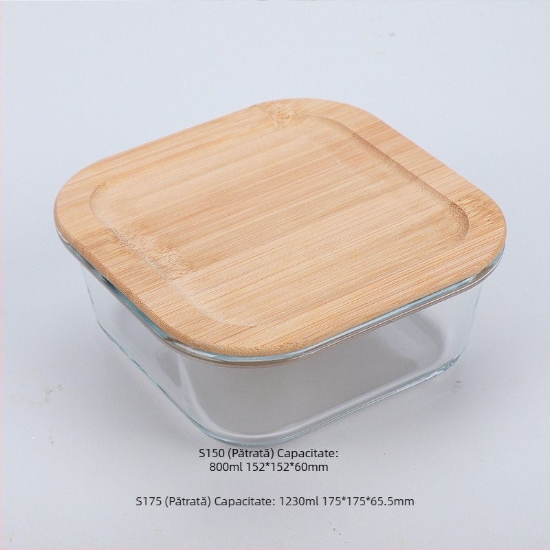 Cutie de prânz din sticlă cu capac din lemn de bambus, en-gros, cutie pentru păstrarea prospețimii, sticlă rezistentă la căldură, cutie de prânz japoneză cu borosilicat ridicat, cuptor cu microunde
