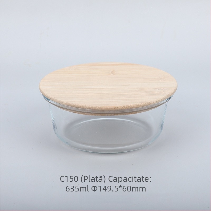 Cutie de prânz din sticlă cu capac din lemn de bambus, en-gros, cutie pentru păstrarea prospețimii, sticlă rezistentă la căldură, cutie de prânz japoneză cu borosilicat ridicat, cuptor cu microunde