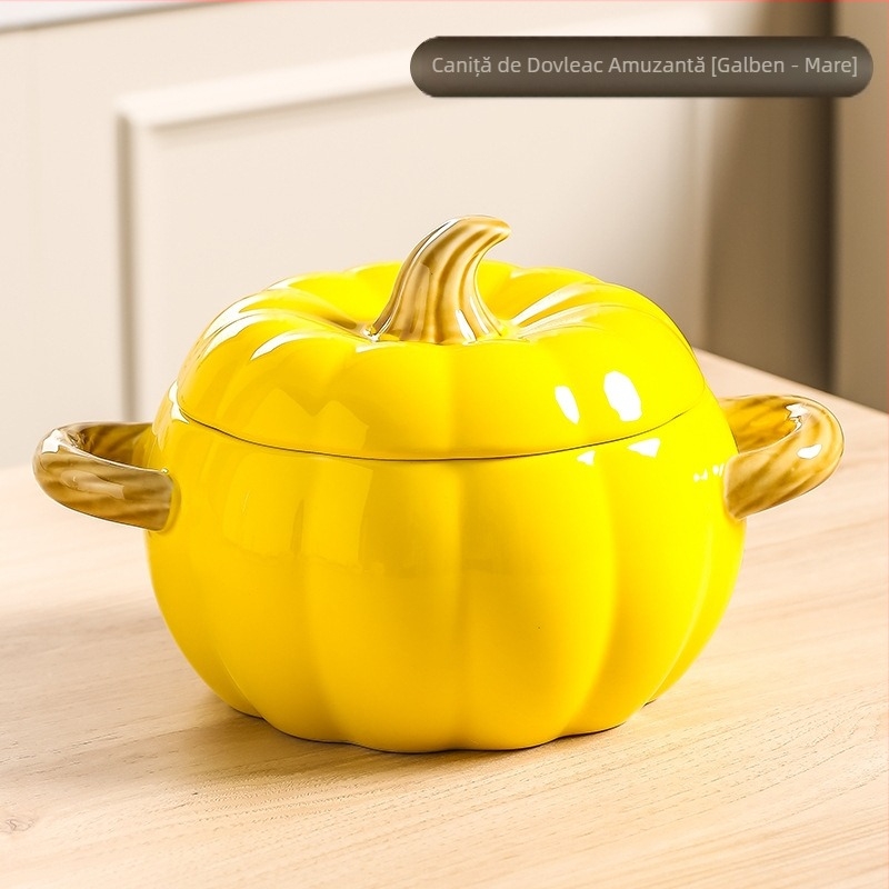 Oală ceramică creativă pentru supă, casnică, cu valoare ridicată de culoare, dovleac, bol pentru supă cu două urechi, bol cu tăiței de melc, bol mare pentru supă cu capac, bol mare