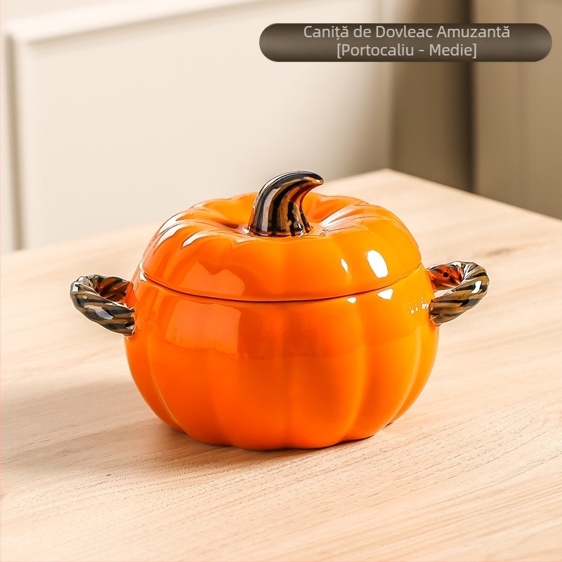 Oală ceramică creativă pentru supă, casnică, cu valoare ridicată de culoare, dovleac, bol pentru supă cu două urechi, bol cu tăiței de melc, bol mare pentru supă cu capac, bol mare
