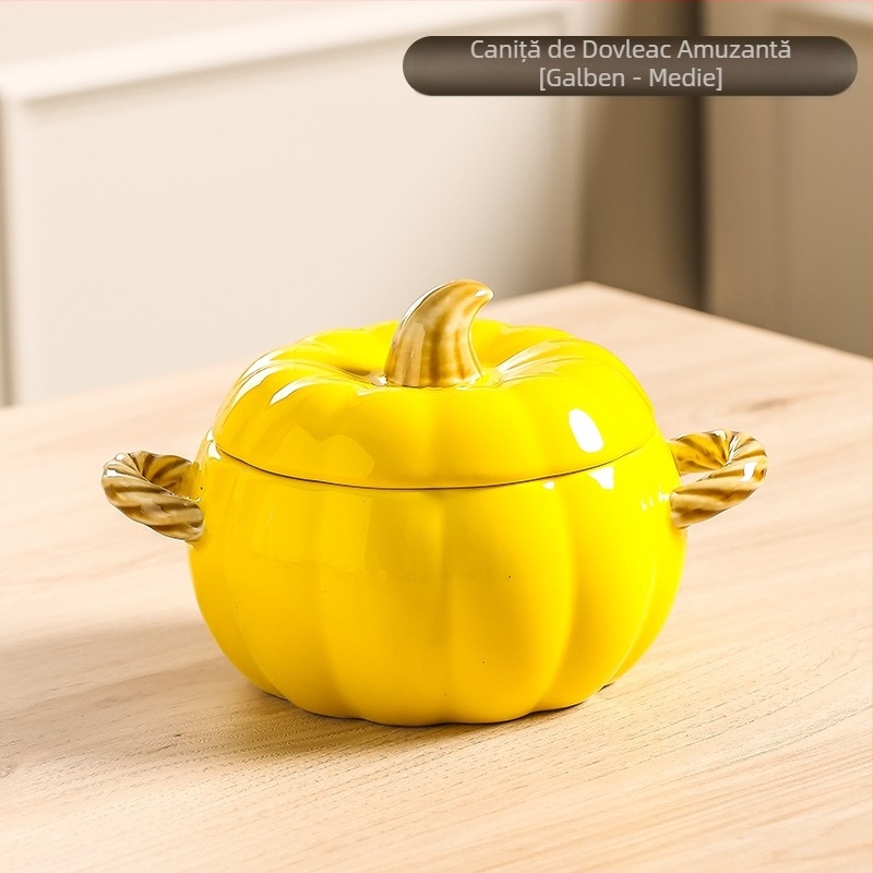 Oală ceramică creativă pentru supă, casnică, cu valoare ridicată de culoare, dovleac, bol pentru supă cu două urechi, bol cu tăiței de melc, bol mare pentru supă cu capac, bol mare