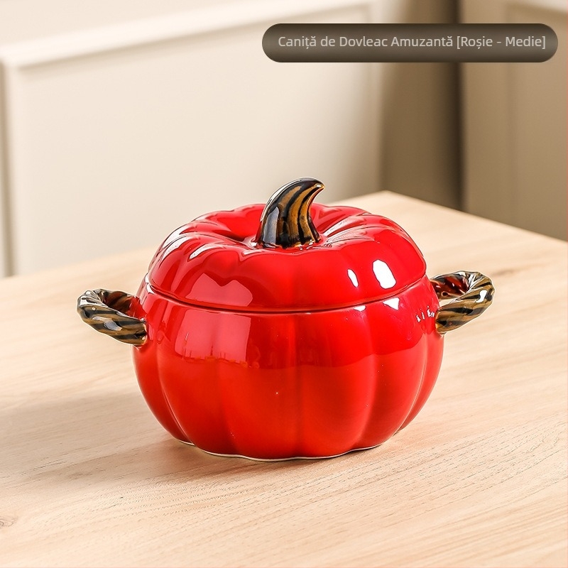 Oală ceramică creativă pentru supă, casnică, cu valoare ridicată de culoare, dovleac, bol pentru supă cu două urechi, bol cu tăiței de melc, bol mare pentru supă cu capac, bol mare