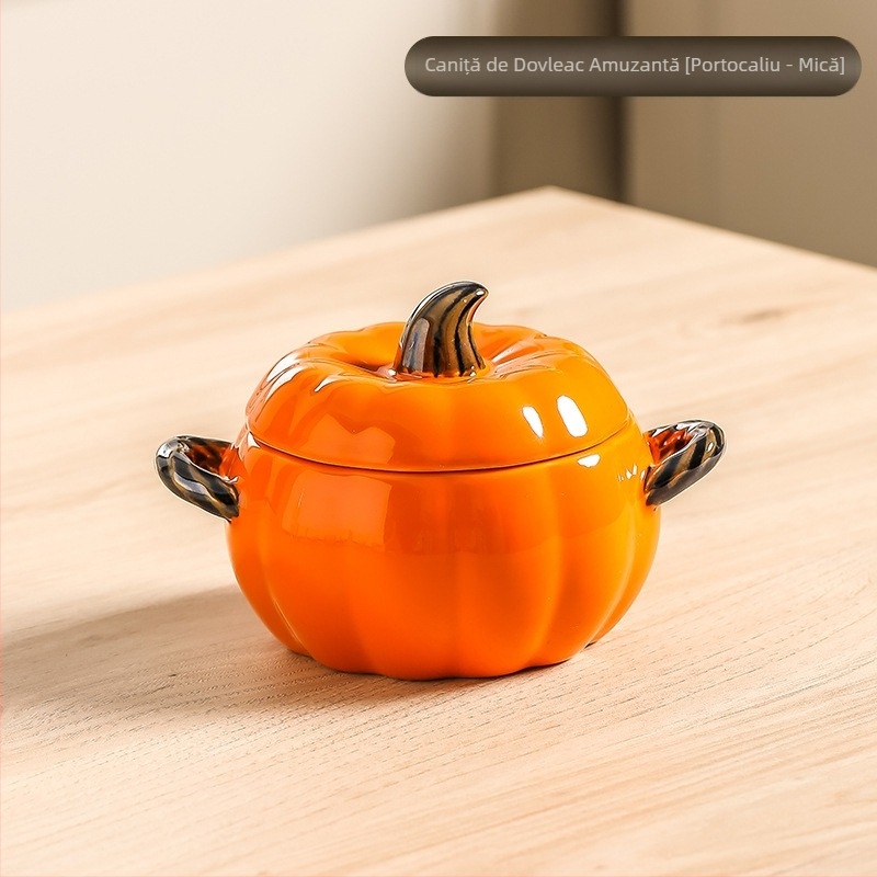 Oală ceramică creativă pentru supă, casnică, cu valoare ridicată de culoare, dovleac, bol pentru supă cu două urechi, bol cu tăiței de melc, bol mare pentru supă cu capac, bol mare