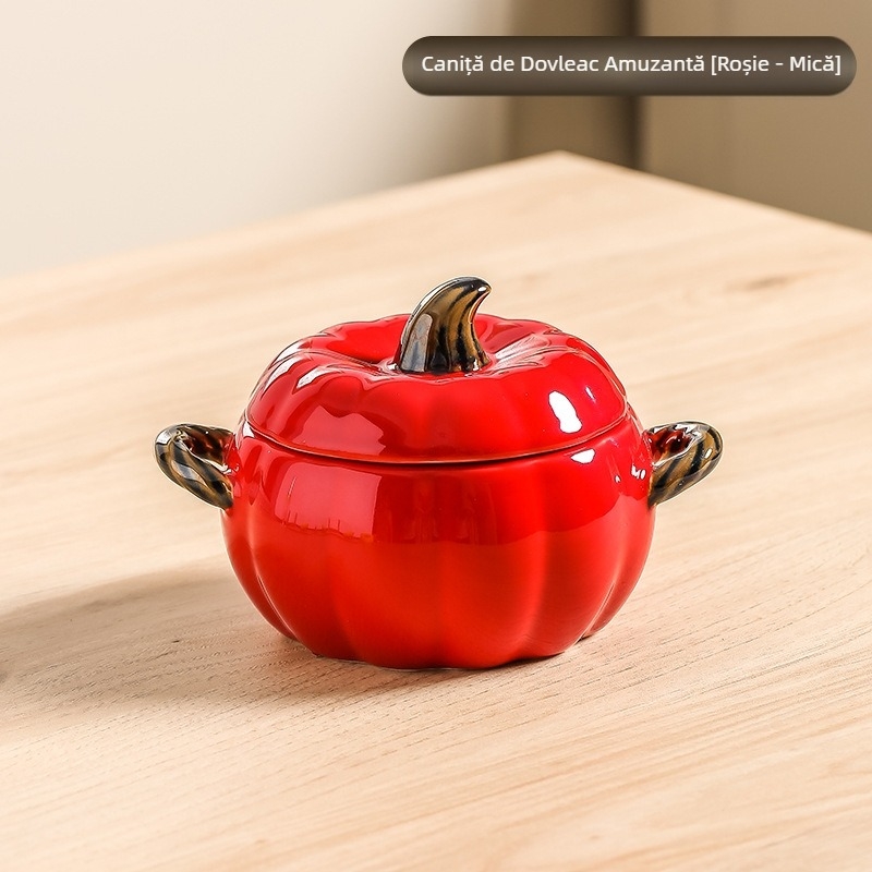 Oală ceramică creativă pentru supă, casnică, cu valoare ridicată de culoare, dovleac, bol pentru supă cu două urechi, bol cu tăiței de melc, bol mare pentru supă cu capac, bol mare