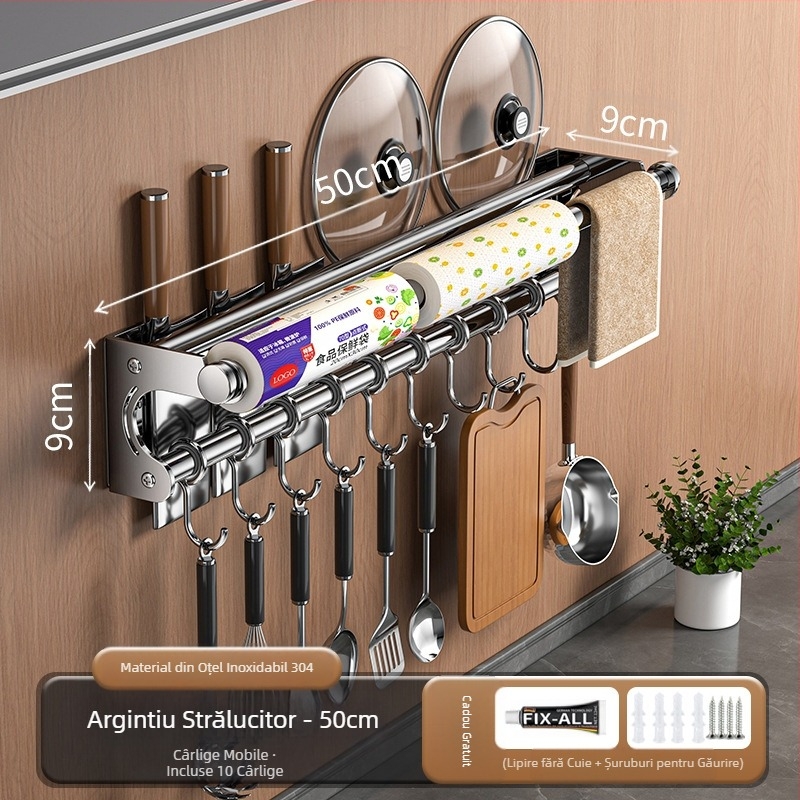 Suport de depozitare pentru cuțite fără perforare, suport de depozitare din oțel inoxidabil 304, cârlig de bucătărie, capac pentru oală, tăietor, suport pentru folie de plastic pentru șervețele