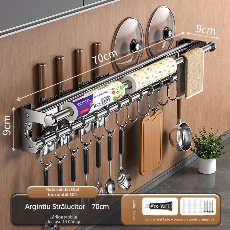 Suport de depozitare pentru cuțite fără perforare, suport de depozitare din oțel inoxidabil 304, cârlig de bucătărie, capac pentru oală, tăietor, suport pentru folie de plastic pentru șervețele