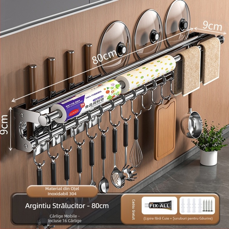 Suport de depozitare pentru cuțite fără perforare, suport de depozitare din oțel inoxidabil 304, cârlig de bucătărie, capac pentru oală, tăietor, suport pentru folie de plastic pentru șervețele