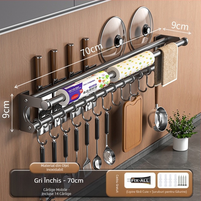 Suport de depozitare pentru cuțite fără perforare, suport de depozitare din oțel inoxidabil 304, cârlig de bucătărie, capac pentru oală, tăietor, suport pentru folie de plastic pentru șervețele