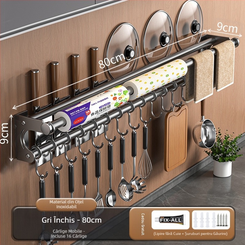 Suport de depozitare pentru cuțite fără perforare, suport de depozitare din oțel inoxidabil 304, cârlig de bucătărie, capac pentru oală, tăietor, suport pentru folie de plastic pentru șervețele