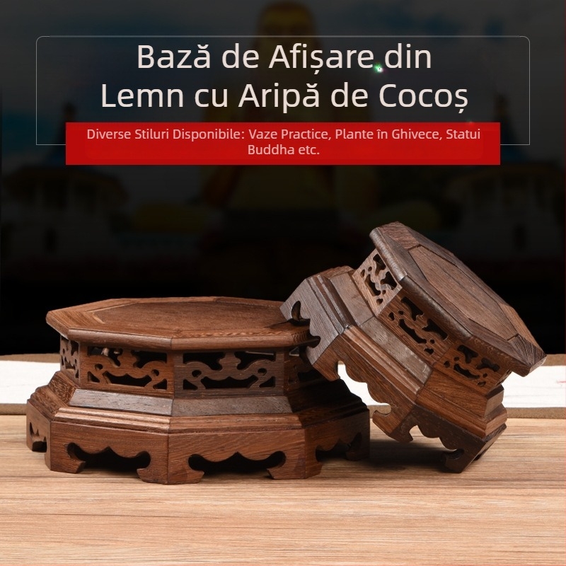 Bază clasică din lemn de sequoia, sculptură în lemn masiv, aripi de pui, ornamente hexagonale, ghiveci de nisip violet, vază de porțelan cu cap de piatră, statuie de Buddha, plantă în ghiveci