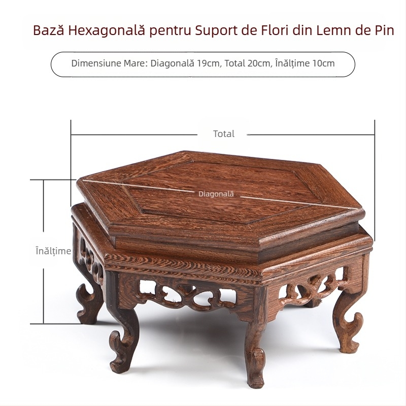 Bază clasică din lemn de sequoia, sculptură în lemn masiv, aripi de pui, ornamente hexagonale, ghiveci de nisip violet, vază de porțelan cu cap de piatră, statuie de Buddha, plantă în ghiveci