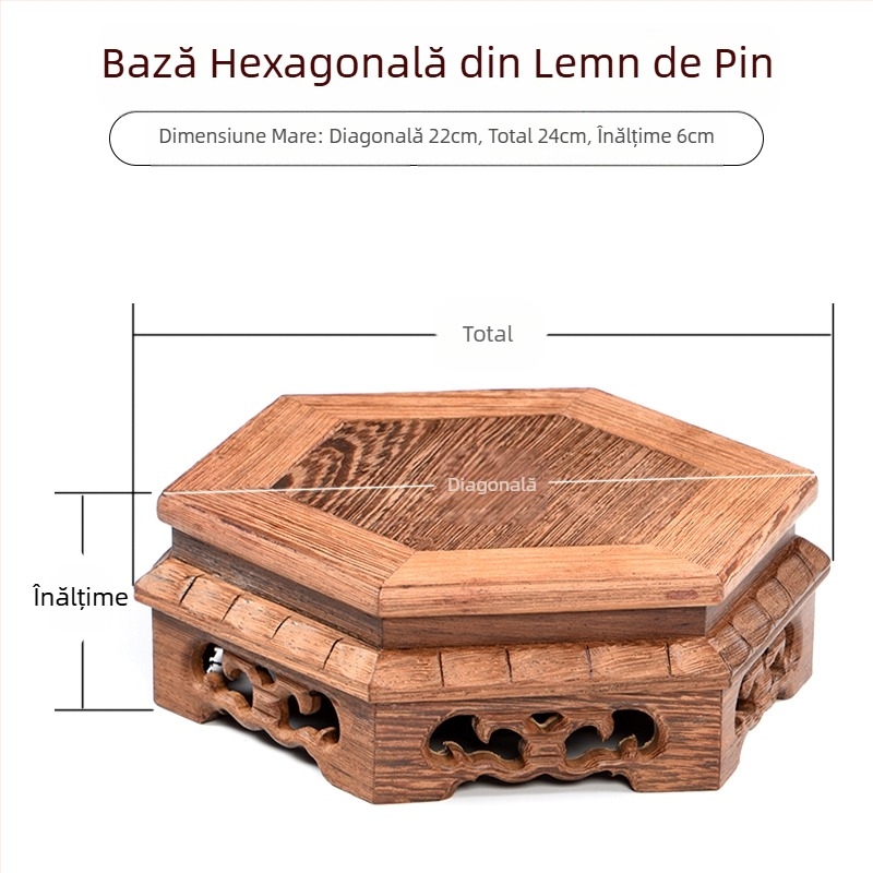 Bază clasică din lemn de sequoia, sculptură în lemn masiv, aripi de pui, ornamente hexagonale, ghiveci de nisip violet, vază de porțelan cu cap de piatră, statuie de Buddha, plantă în ghiveci
