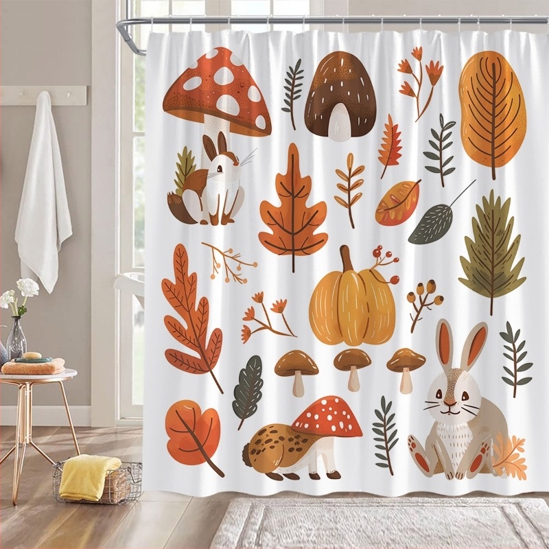Perdea de duș vintage cu ciuperci, pădure naturală, fluture, plantă, flori, perdea de duș neagră, decorare baie, cârlig, impermeabil