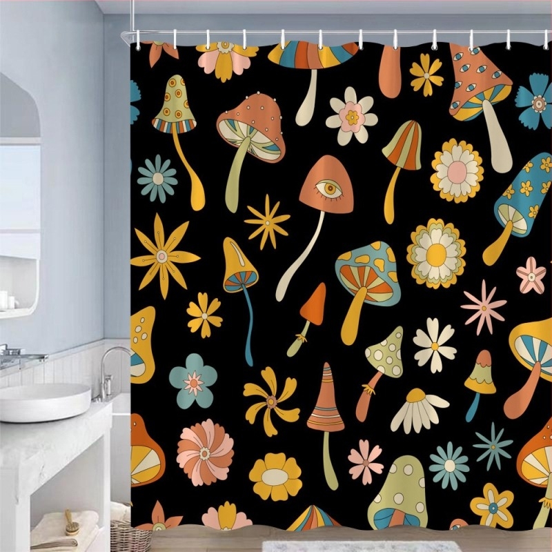 Perdea de duș vintage cu ciuperci, pădure naturală, fluture, plantă, flori, perdea de duș neagră, decorare baie, cârlig, impermeabil
