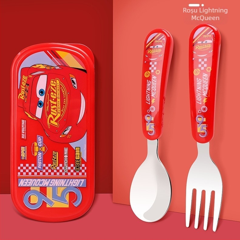 Lingură Disney cu cutie, lingură pentru copii, lingură de masă pentru bebeluși, din oțel inoxidabil 304, geantă portabilă cu desene animate