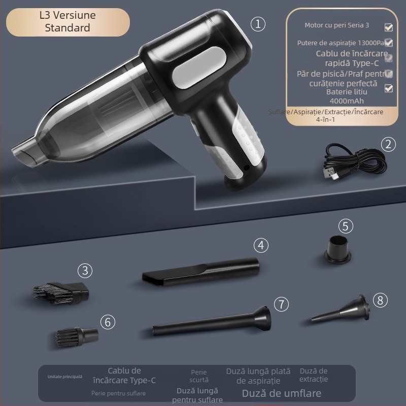 Aspirator auto, cu dublă utilizare pentru mașină și casă, reîncărcabil portabil fără fir, puternic, mic, mini, funcție de suflare puternică, aspirator portabil