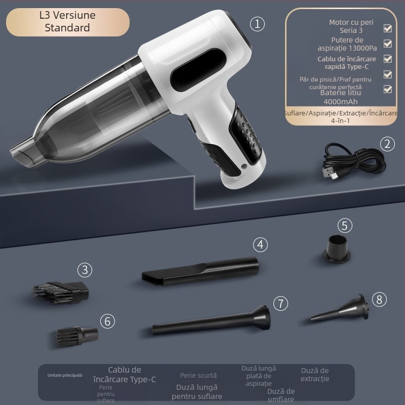 Aspirator auto, cu dublă utilizare pentru mașină și casă, reîncărcabil portabil fără fir, puternic, mic, mini, funcție de suflare puternică, aspirator portabil