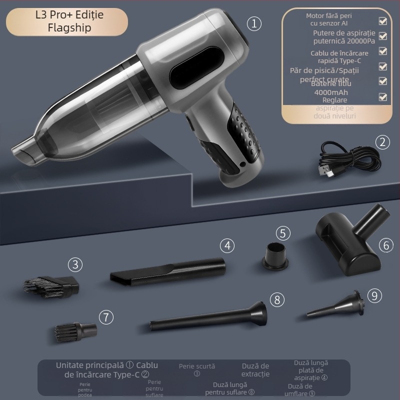 Aspirator auto, cu dublă utilizare pentru mașină și casă, reîncărcabil portabil fără fir, puternic, mic, mini, funcție de suflare puternică, aspirator portabil