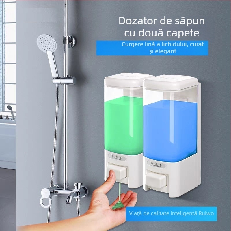 Cutie dezinfectantă pentru mâini Ruiwo, sub-ambalaj hotelier, montat pe perete, loțiune de baie montată pe perete, dozator de săpun cu două capete, sub-sticlă, sticlă cu presă