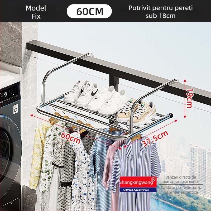 Suport de uscare retractabil pentru fereastră din oțel inoxidabil, fără perforații, multifuncțional, pentru balcon, pentru haine, pliabil, pentru fereastră