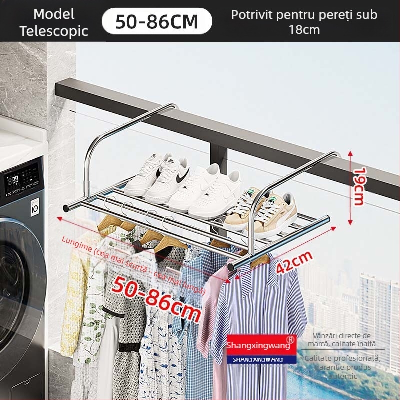 Suport de uscare retractabil pentru fereastră din oțel inoxidabil, fără perforații, multifuncțional, pentru balcon, pentru haine, pliabil, pentru fereastră