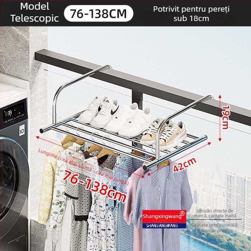 Suport de uscare retractabil pentru fereastră din oțel inoxidabil, fără perforații, multifuncțional, pentru balcon, pentru haine, pliabil, pentru fereastră
