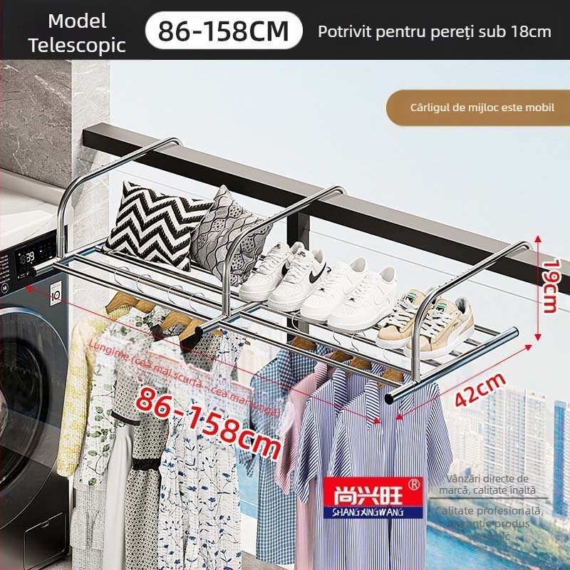 Suport de uscare retractabil pentru fereastră din oțel inoxidabil, fără perforații, multifuncțional, pentru balcon, pentru haine, pliabil, pentru fereastră