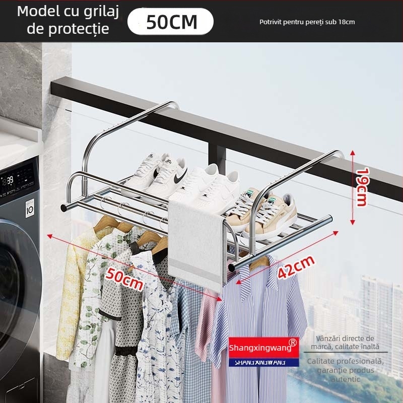 Suport de uscare retractabil pentru fereastră din oțel inoxidabil, fără perforații, multifuncțional, pentru balcon, pentru haine, pliabil, pentru fereastră