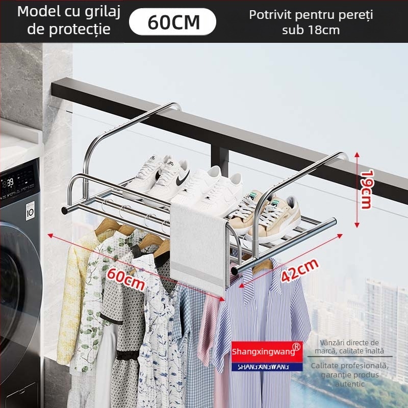 Suport de uscare retractabil pentru fereastră din oțel inoxidabil, fără perforații, multifuncțional, pentru balcon, pentru haine, pliabil, pentru fereastră