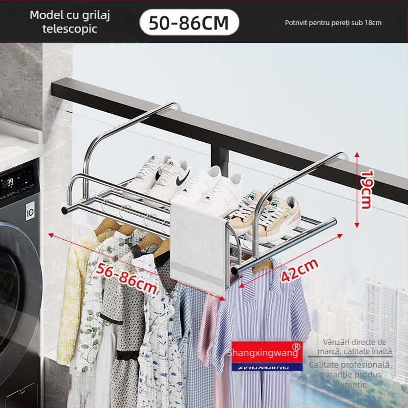 Suport de uscare retractabil pentru fereastră din oțel inoxidabil, fără perforații, multifuncțional, pentru balcon, pentru haine, pliabil, pentru fereastră