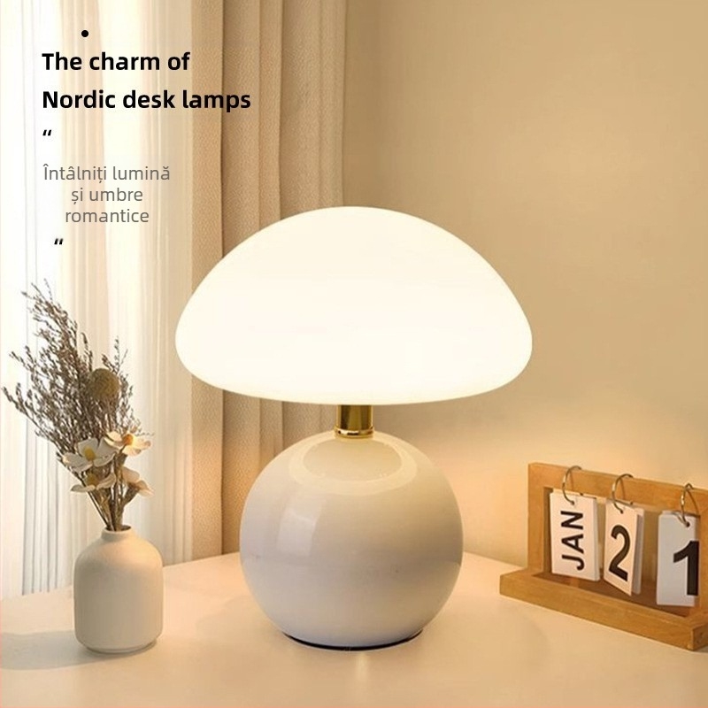 Lampă de masă cu ciuperci, stil crem, protecție pentru ochi, lampă de noptieră pentru dormitor, simplă, modernă, caldă, atmosferă de cameră pentru băieți și fete, noapte mică