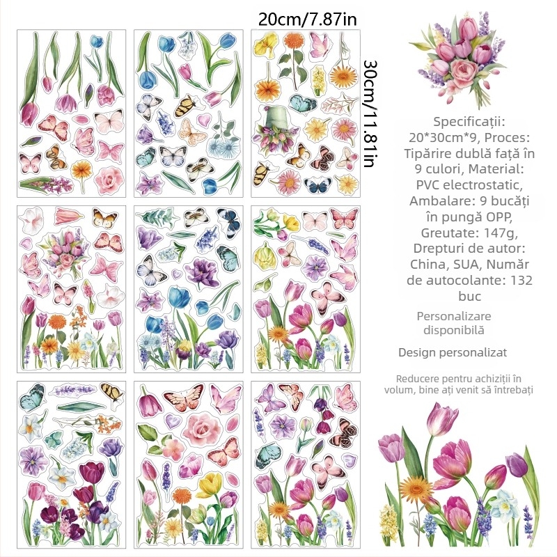 2025 Nou Amazon Acuarelă Lalele Flori Fluture Autocolant Static Fereastră Primăvară Fereastră Ușă Decor Autocolant