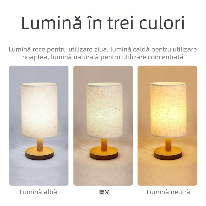 Lampă de masă din lemn, lampă de noptieră decorativă scandinavă simplă, din material textil, atmosferă retro din lemn masiv, lumină de noapte în relief, lucrată manual, DIY