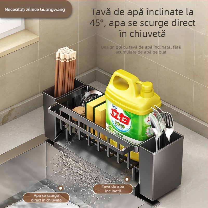 Suport pentru chiuvetă, suport pentru bețișoare de bucătărie, depozitare integrată, multifuncțional, spălare manuală, chiuvetă cu bile de oțel, raft de depozitare pentru blat