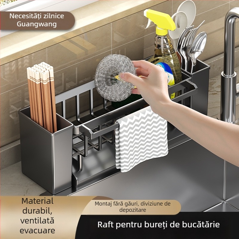 Suport pentru chiuvetă, suport pentru bețișoare de bucătărie, depozitare integrată, multifuncțional, spălare manuală, chiuvetă cu bile de oțel, raft de depozitare pentru blat