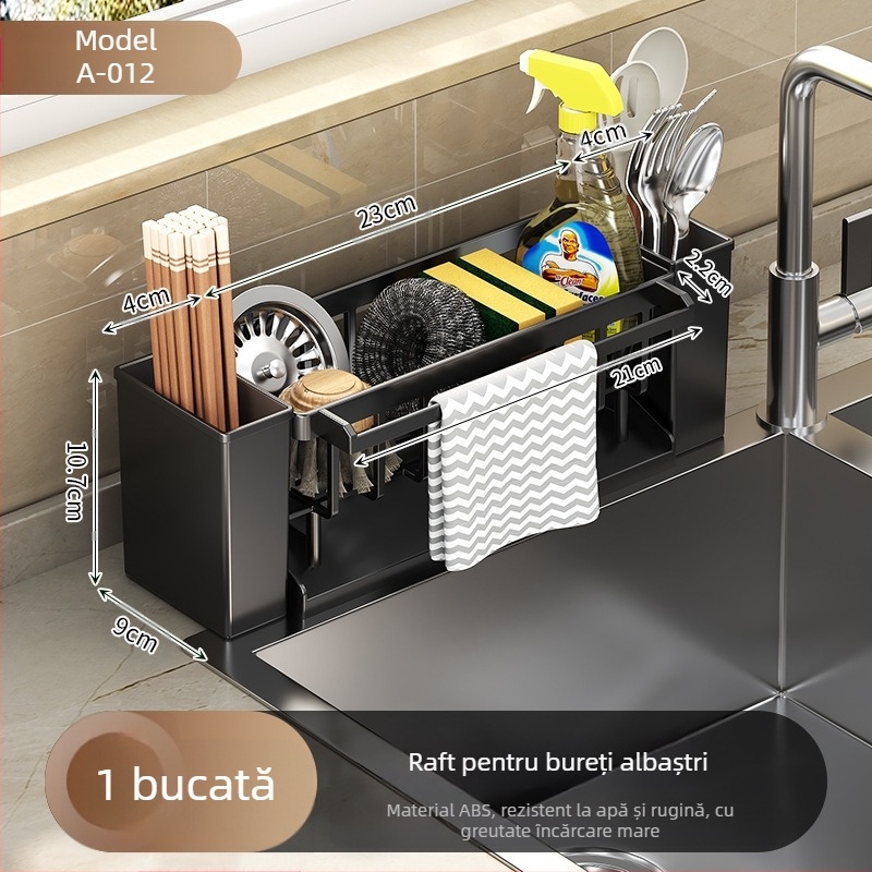 Suport pentru chiuvetă, suport pentru bețișoare de bucătărie, depozitare integrată, multifuncțional, spălare manuală, chiuvetă cu bile de oțel, raft de depozitare pentru blat