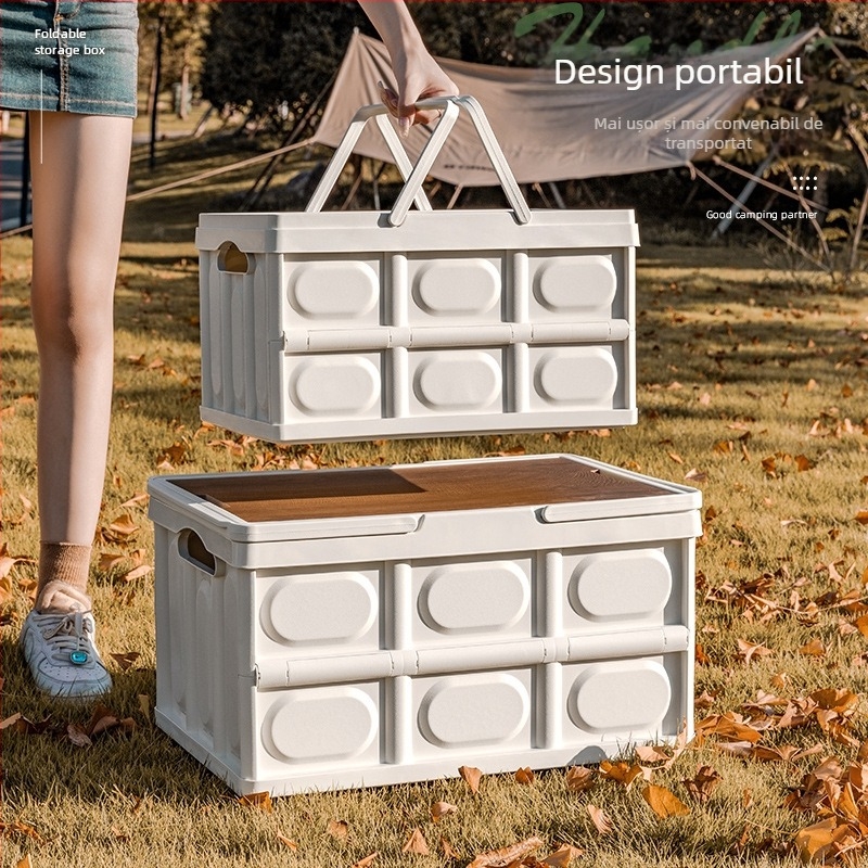 Cutie de depozitare portabilă pentru camping în aer liber, cutie pliabilă, cutie de depozitare pentru camping, cutie de depozitare auto, cutie de depozitare din plastic, cu capac din lemn, cutie de depozitare