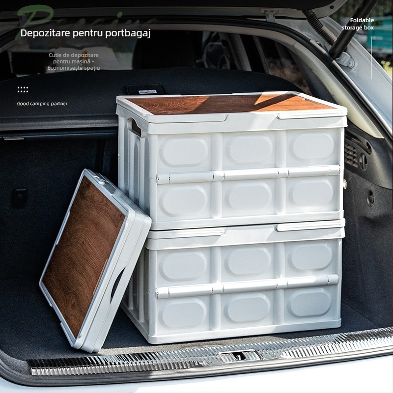 Cutie de depozitare portabilă pentru camping în aer liber, cutie pliabilă, cutie de depozitare pentru camping, cutie de depozitare auto, cutie de depozitare din plastic, cu capac din lemn, cutie de depozitare