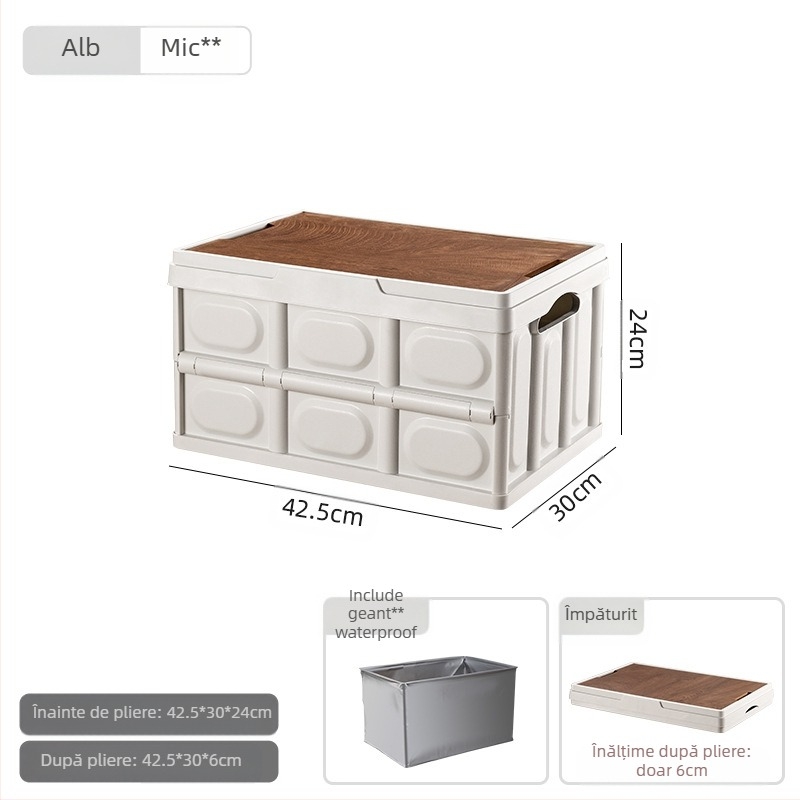 Cutie de depozitare portabilă pentru camping în aer liber, cutie pliabilă, cutie de depozitare pentru camping, cutie de depozitare auto, cutie de depozitare din plastic, cu capac din lemn, cutie de depozitare