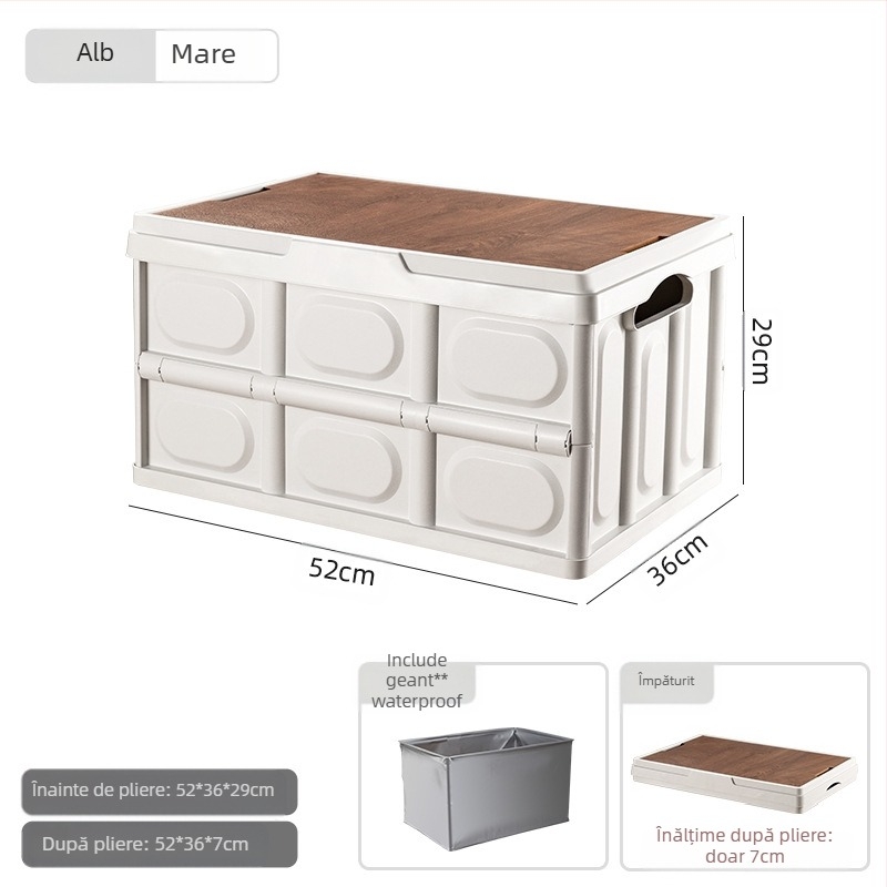Cutie de depozitare portabilă pentru camping în aer liber, cutie pliabilă, cutie de depozitare pentru camping, cutie de depozitare auto, cutie de depozitare din plastic, cu capac din lemn, cutie de depozitare