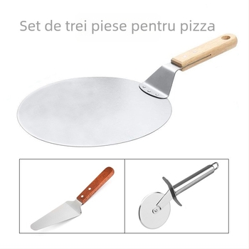 Set de pizza din trei piese, ustensile de copt din fabrică, lopată rotundă cu mâner din lemn, cuțit din oțel inoxidabil, lopată triunghiulară cu mâner din lemn