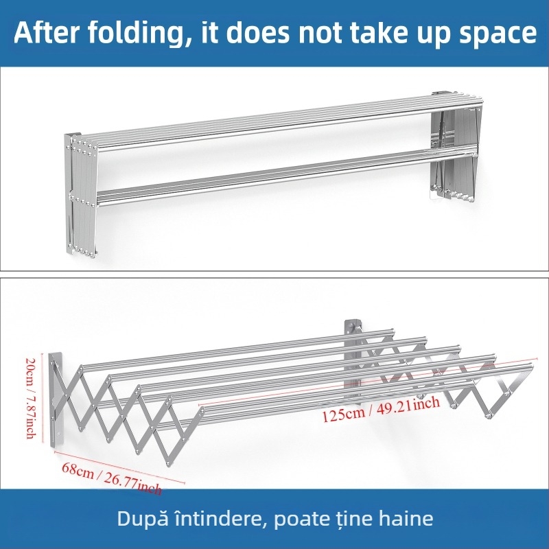 Suport de uscare invizibil transfrontalier, tijă de perete suspendată, pliabilă, balcon, telescopic, Bay Window, suport de uscare, din oțel inoxidabil, telescopic, suport pentru prosoape