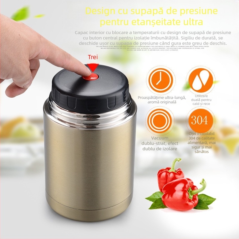 Oală de bucătărie din oțel inoxidabil cu izolație în vid, termos creativ de mare capacitate, terci de prânz, cutie de prânz