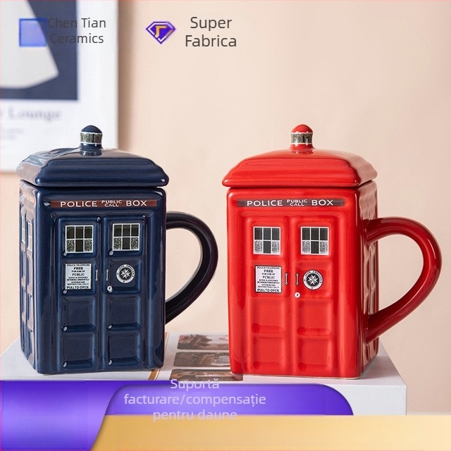 Cană ceramică amuzantă creativă pentru cabina de poliție britanică retro, cană ceramică pentru cabina telefonică cu capac, cană de cafea inovatoare