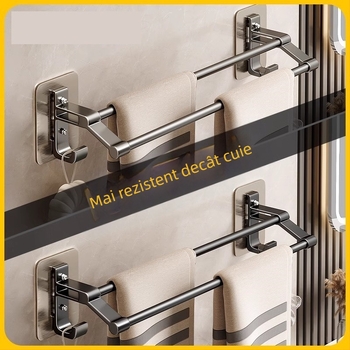 Suport pentru prosoape gri cu tijă dublă pentru toaletă, cârlig neperforat pentru prosoape de baie, suport pentru toaletă cu tijă dublă de perete