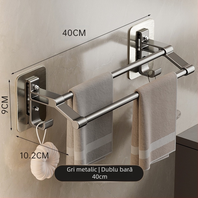 Suport pentru prosoape gri cu tijă dublă pentru toaletă, cârlig neperforat pentru prosoape de baie, suport pentru toaletă cu tijă dublă de perete