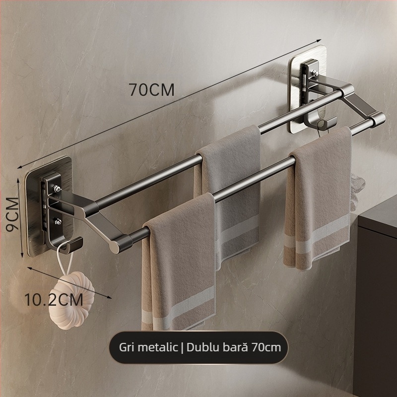 Suport pentru prosoape gri cu tijă dublă pentru toaletă, cârlig neperforat pentru prosoape de baie, suport pentru toaletă cu tijă dublă de perete