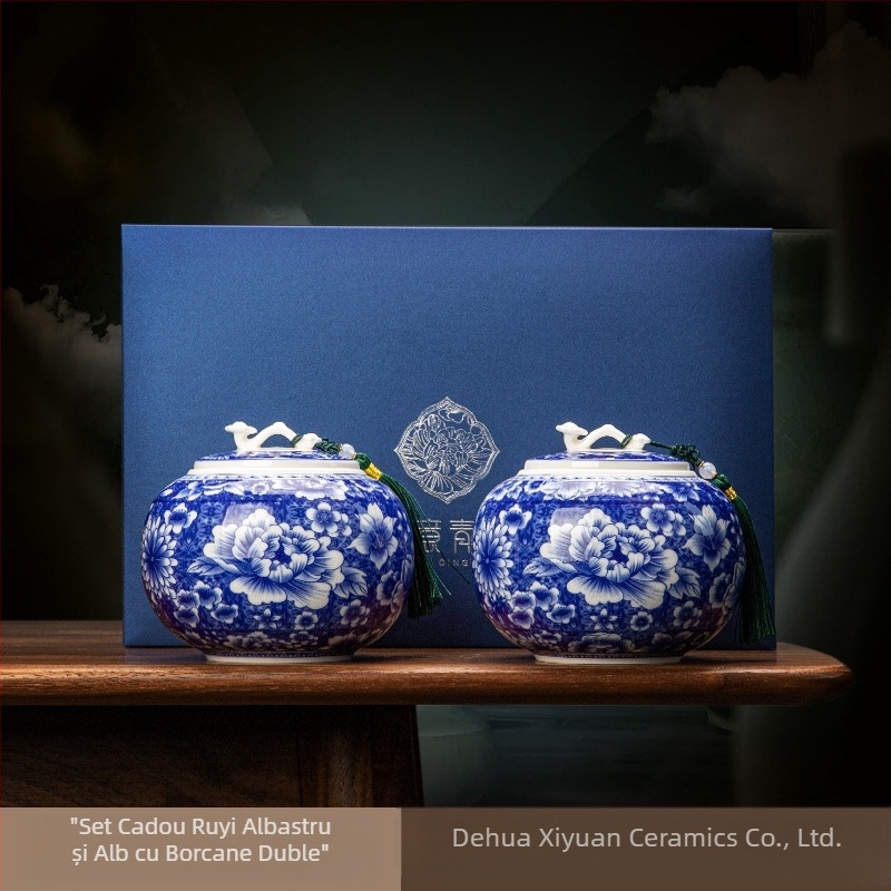 Cutii de ceai ceramice, stil chinezesc, vintage Ruyi albastru și alb, borcane sigilate, cutii duble noi pentru cadouri