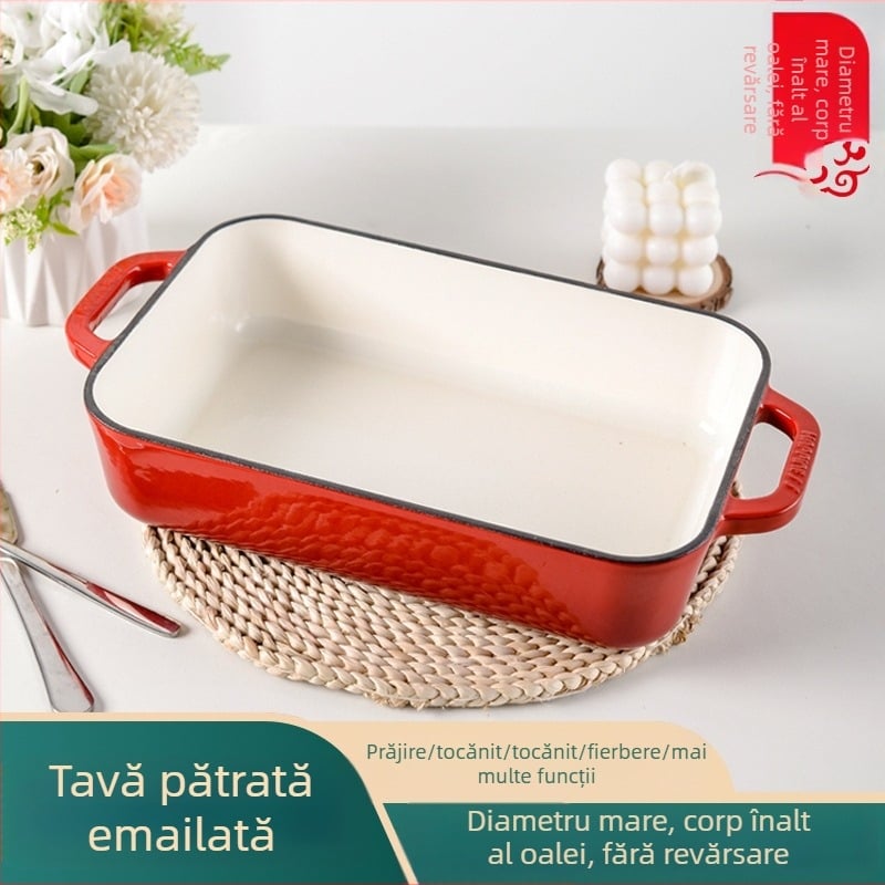 Mică oală emailată din fontă Happiness, placă de copt binaurală pentru orez copt, cuptor, placă occidentală pentru grătar, pește la grătar, friptură, placă de prăjit